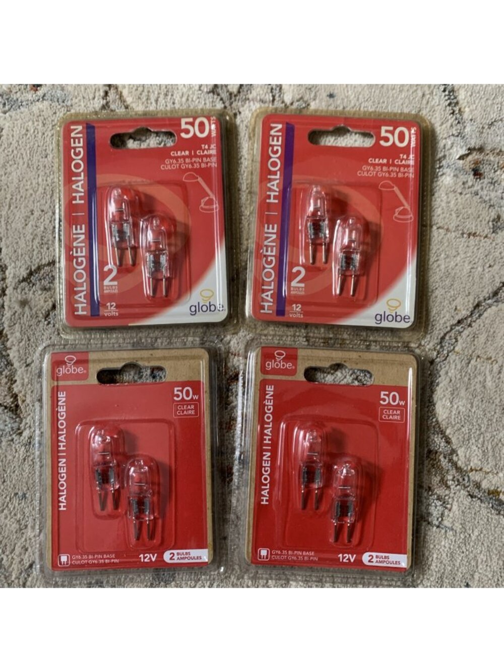 Lot of 8 Globe Halogen T4 JC 50W 12V GY6.35 Bi-Pin Clear Bulbs NEW